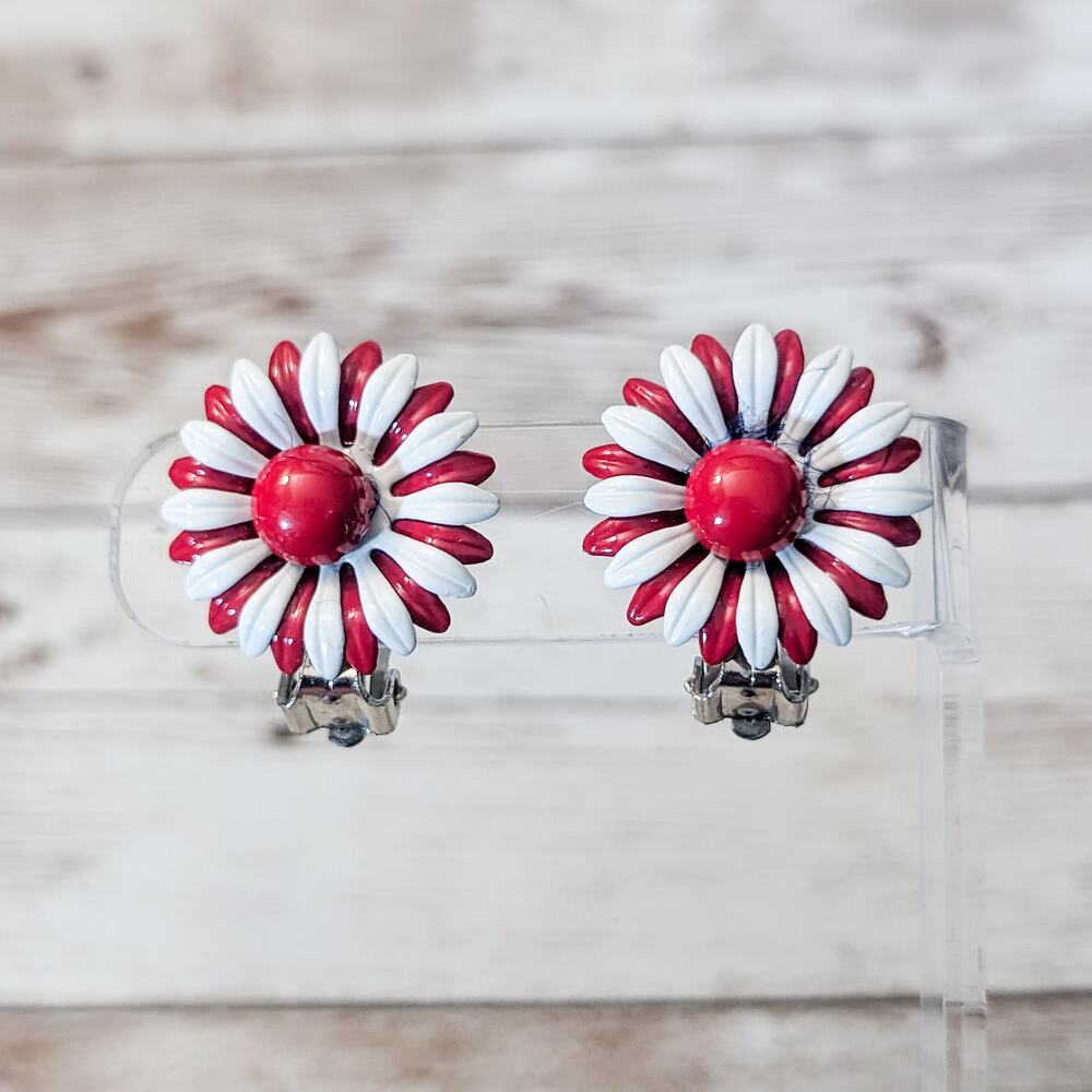Vintage Clip On Earrings - Red & White Flower 7/8"